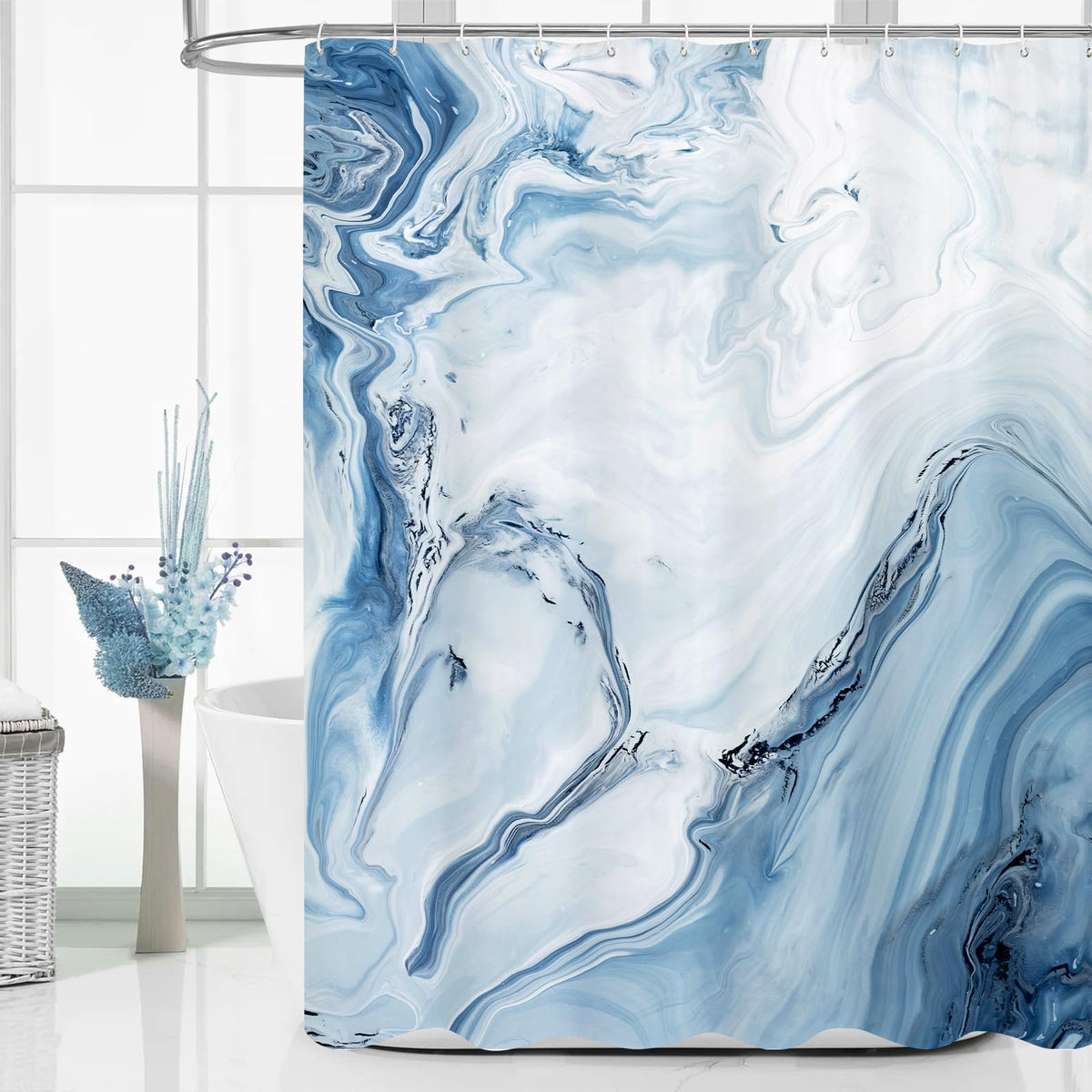 Blue Marble Shower Curtain, Modern Ombre Elegant Waterproof Polyester Shower Curtains, 70.8 Inch