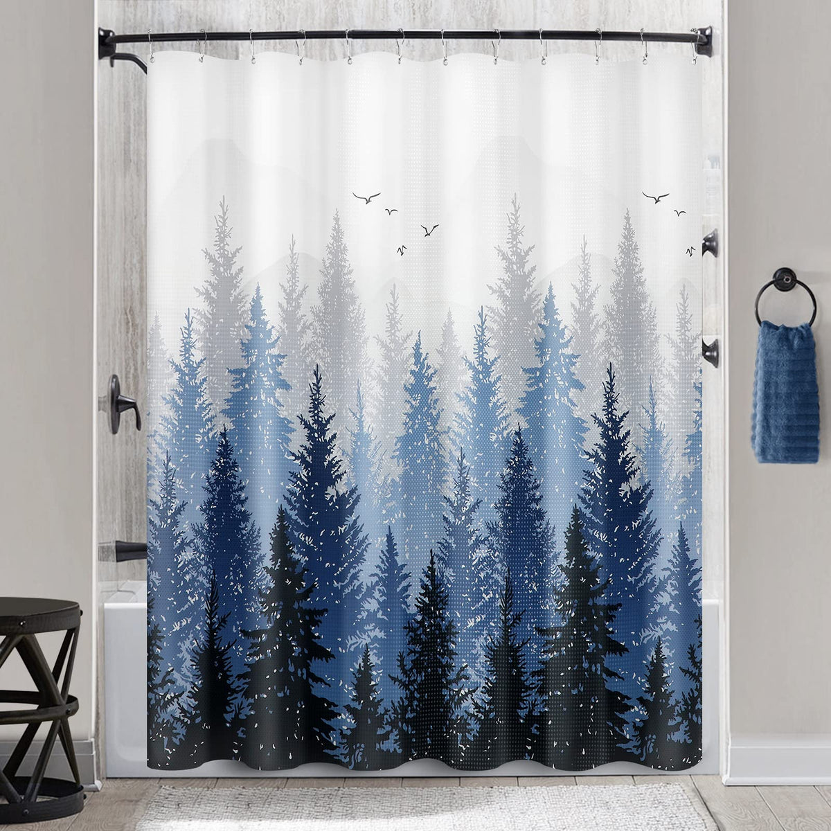 Blue Misty Forest Mountain Nature Tree Fabric Shower Curtain, Navy Blue and White, 70.8 Inch