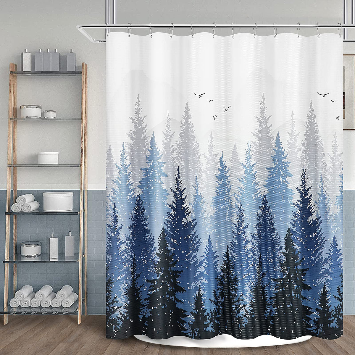 Blue Misty Forest Mountain Nature Tree Fabric Shower Curtain, Navy Blue and White, 70.8 Inch