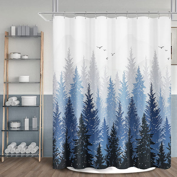 Blue Misty Forest Mountain Nature Tree Fabric Shower Curtain, Navy Blue and White, 70.8 Inch