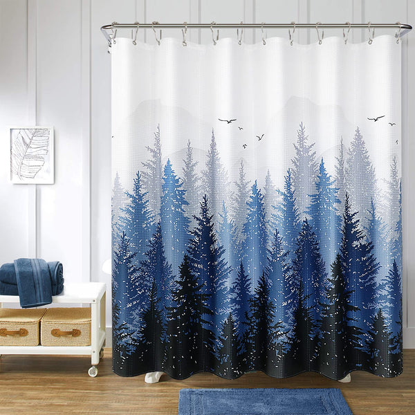 Blue Misty Forest Mountain Nature Tree Fabric Shower Curtain, Navy Blue and White, 70.8 Inch