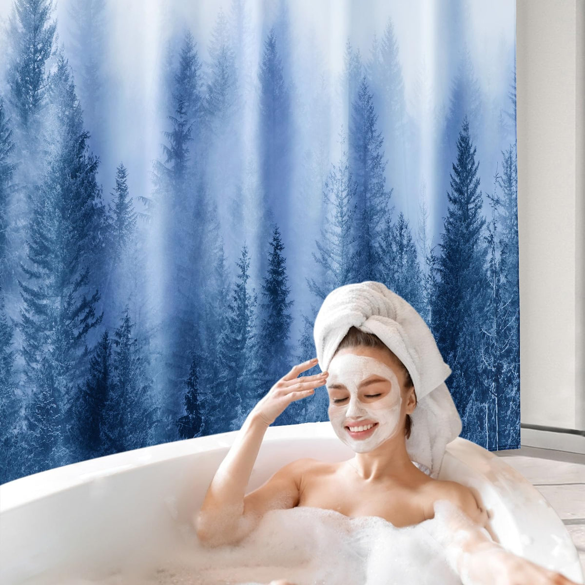 Blue Shower Curtain, 70.8"Misty Forest Nature Woodland Decorative Pine Tree Fog Magic Bath Curtain