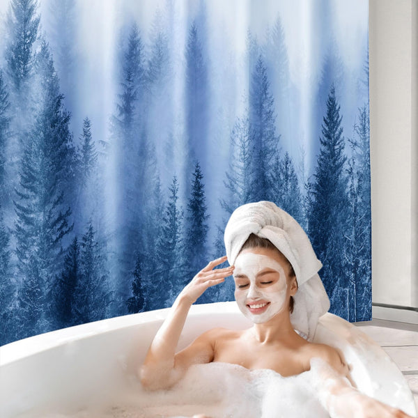 Blue Shower Curtain, 70.8"Misty Forest Nature Woodland Decorative Pine Tree Fog Magic Bath Curtain