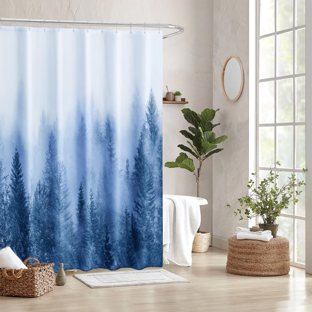 Blue Shower Curtain, 70.8"Misty Forest Nature Woodland Decorative Pine Tree Fog Magic Bath Curtain