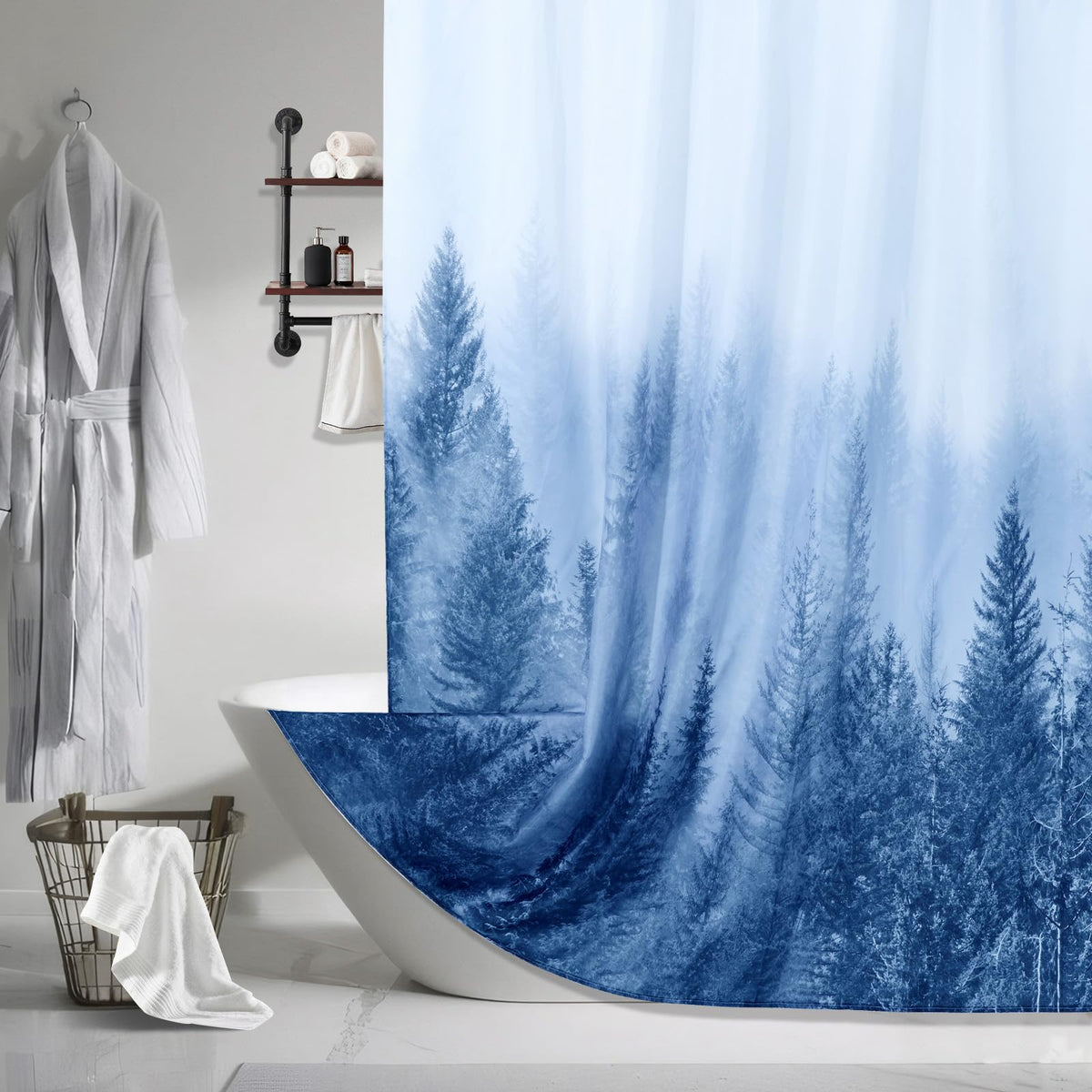 Blue Shower Curtain, 70.8"Misty Forest Nature Woodland Decorative Pine Tree Fog Magic Bath Curtain