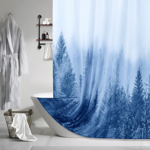 Blue Shower Curtain, 70.8"Misty Forest Nature Woodland Decorative Pine Tree Fog Magic Bath Curtain
