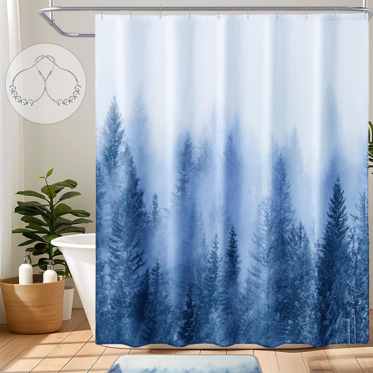 Blue Shower Curtain, 70.8"Misty Forest Nature Woodland Decorative Pine Tree Fog Magic Bath Curtain
