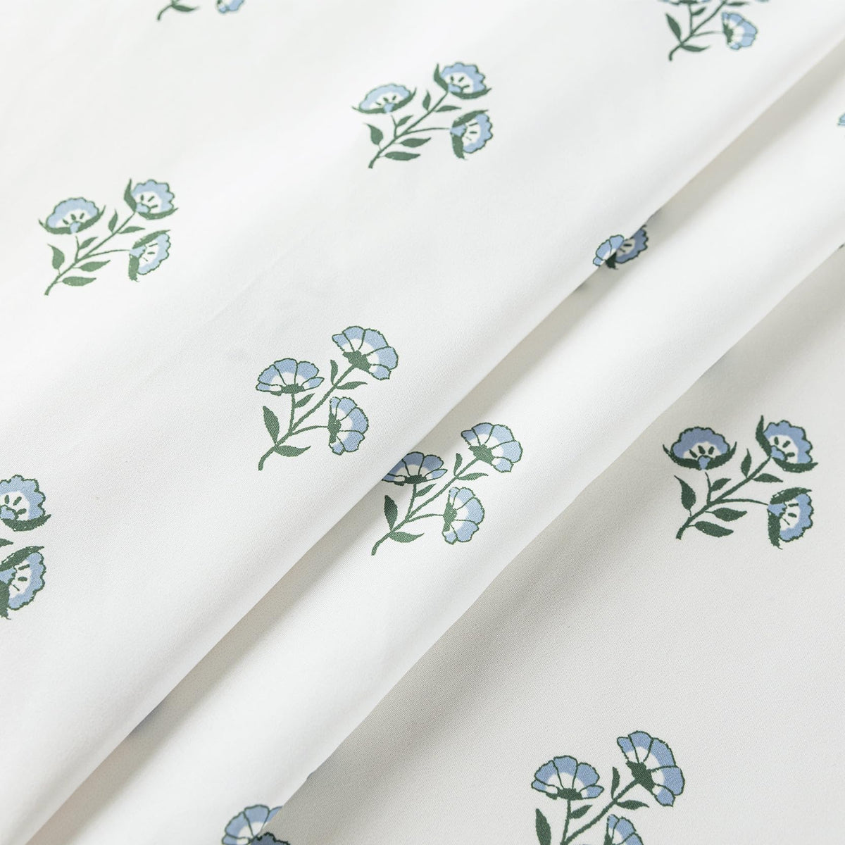 Blue and Green Boho Vintage Floral Shower Curtain, 70.8" Modern Farmhouse Light Blue White Block Print Botanical