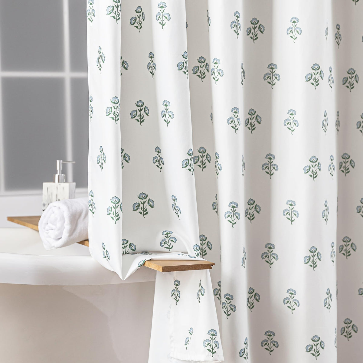 Blue and Green Boho Vintage Floral Shower Curtain, 70.8" Modern Farmhouse Light Blue White Block Print Botanical