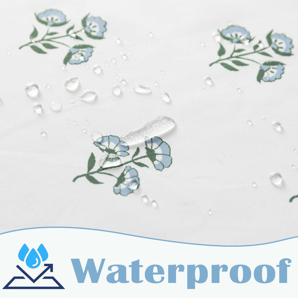 Blue and Green Boho Vintage Floral Shower Curtain, 70.8" Modern Farmhouse Light Blue White Block Print Botanical