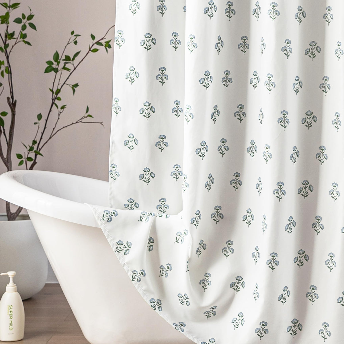 Blue and Green Boho Vintage Floral Shower Curtain, 70.8" Modern Farmhouse Light Blue White Block Print Botanical
