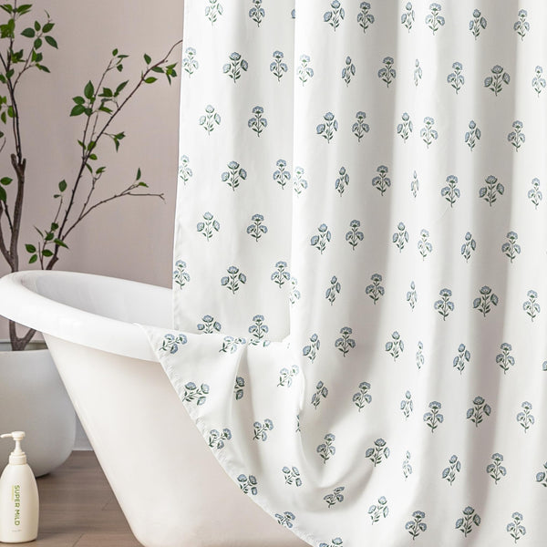 Blue and Green Boho Vintage Floral Shower Curtain, 70.8" Modern Farmhouse Light Blue White Block Print Botanical