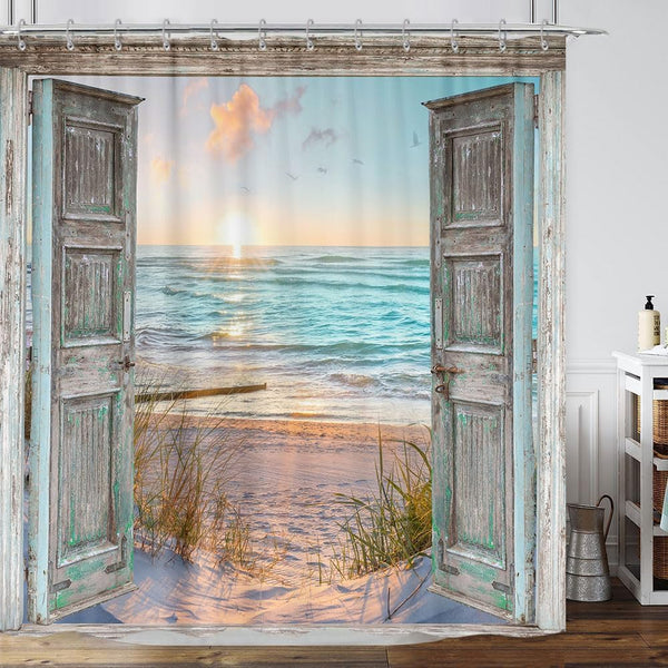Boho Beach Coastal Shower Curtain, Turquoise Teal Ocean Sunrise Seaside Seascape Nautical Beachy, 70.8"