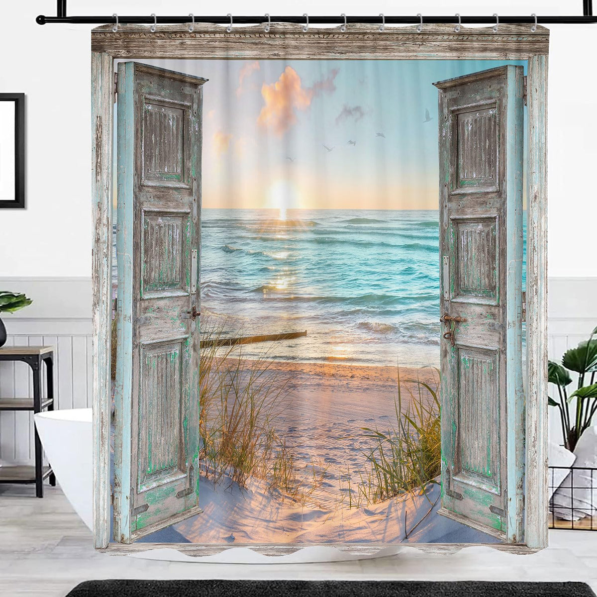 Boho Beach Coastal Shower Curtain, Turquoise Teal Ocean Sunrise Seaside Seascape Nautical Beachy, 70.8"