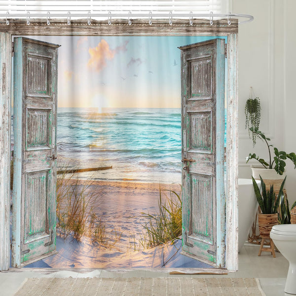 Boho Beach Coastal Shower Curtain, Turquoise Teal Ocean Sunrise Seaside Seascape Nautical Beachy, 70.8"