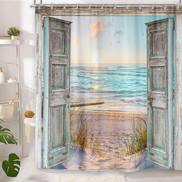 Boho Beach Coastal Shower Curtain, Turquoise Teal Ocean Sunrise Seaside Seascape Nautical Beachy, 70.8"