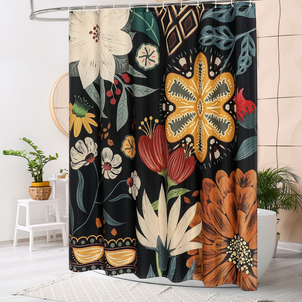 70.8" Boho Floral Shower Curtain, Tropical Leaves Fabric Cloth Shower Curtains for Chic Elegant Shower Curtain