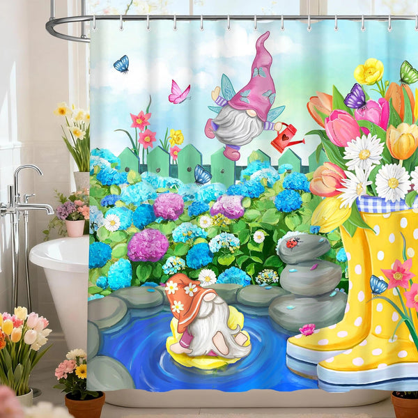 70.8"Spring Shower Curtain, Spring Shower Curtain, Gnomes Floral Bathroom Curtains with Hooks
