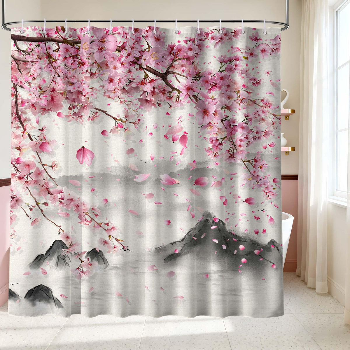 Cherry Blossom Shower Curtain 70.8" Spring Japanese Anime Pink and Grey Waterproof Curtains