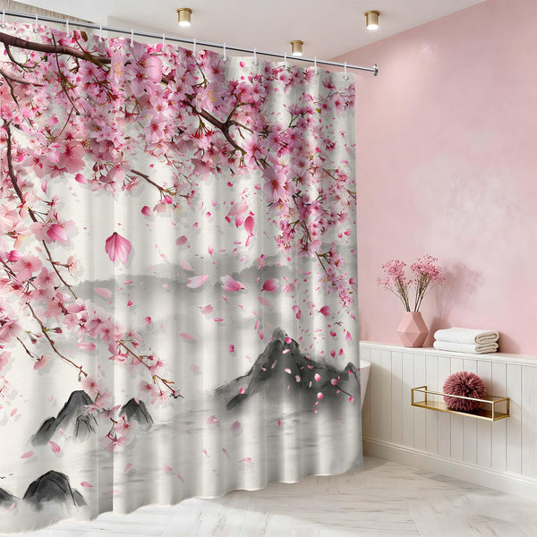 Cherry Blossom Shower Curtain 70.8" Spring Japanese Anime Pink and Grey Waterproof Curtains