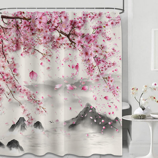 Cherry Blossom Shower Curtain 70.8" Spring Japanese Anime Pink and Grey Waterproof Curtains