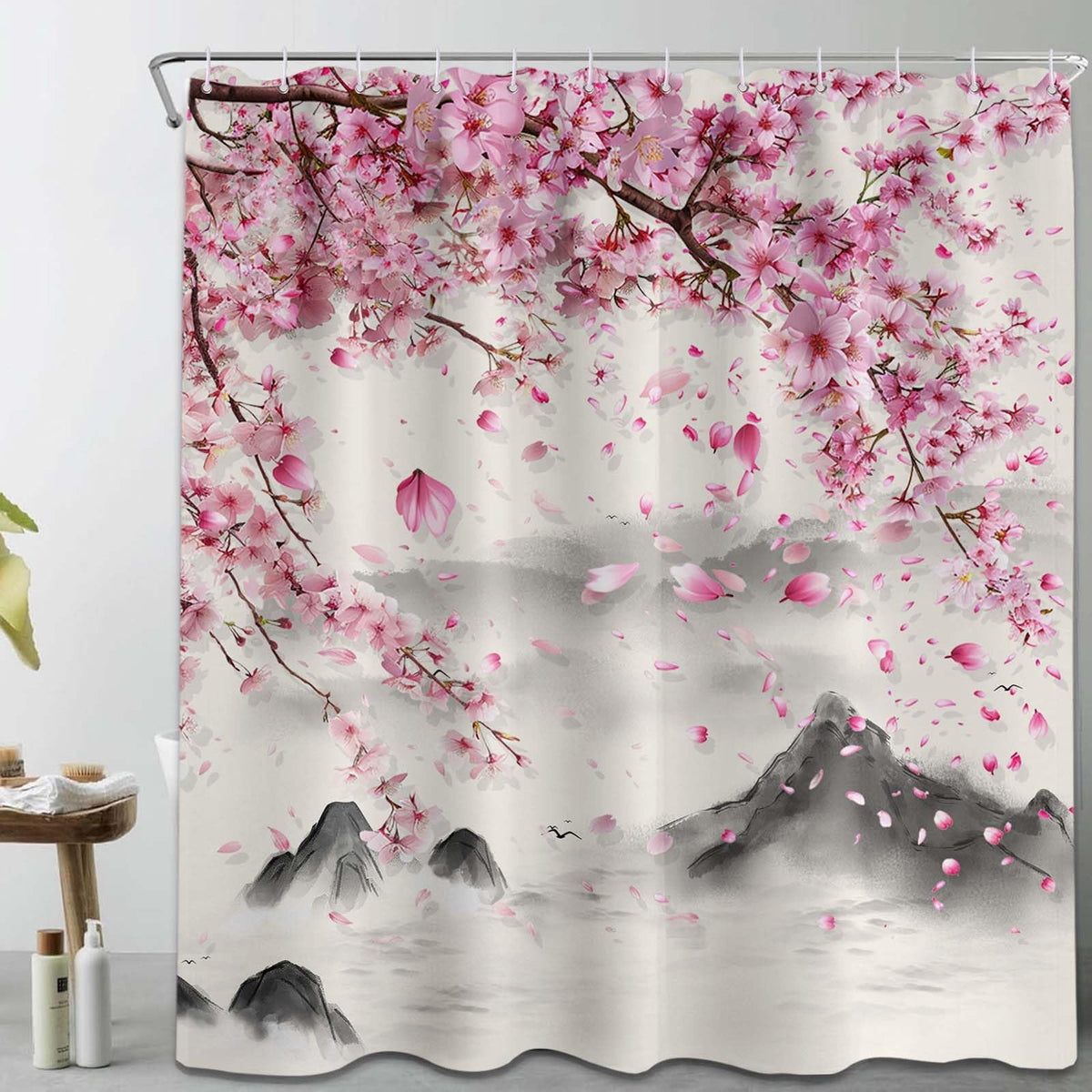 Cherry Blossom Shower Curtain 70.8" Spring Japanese Anime Pink and Grey Waterproof Curtains