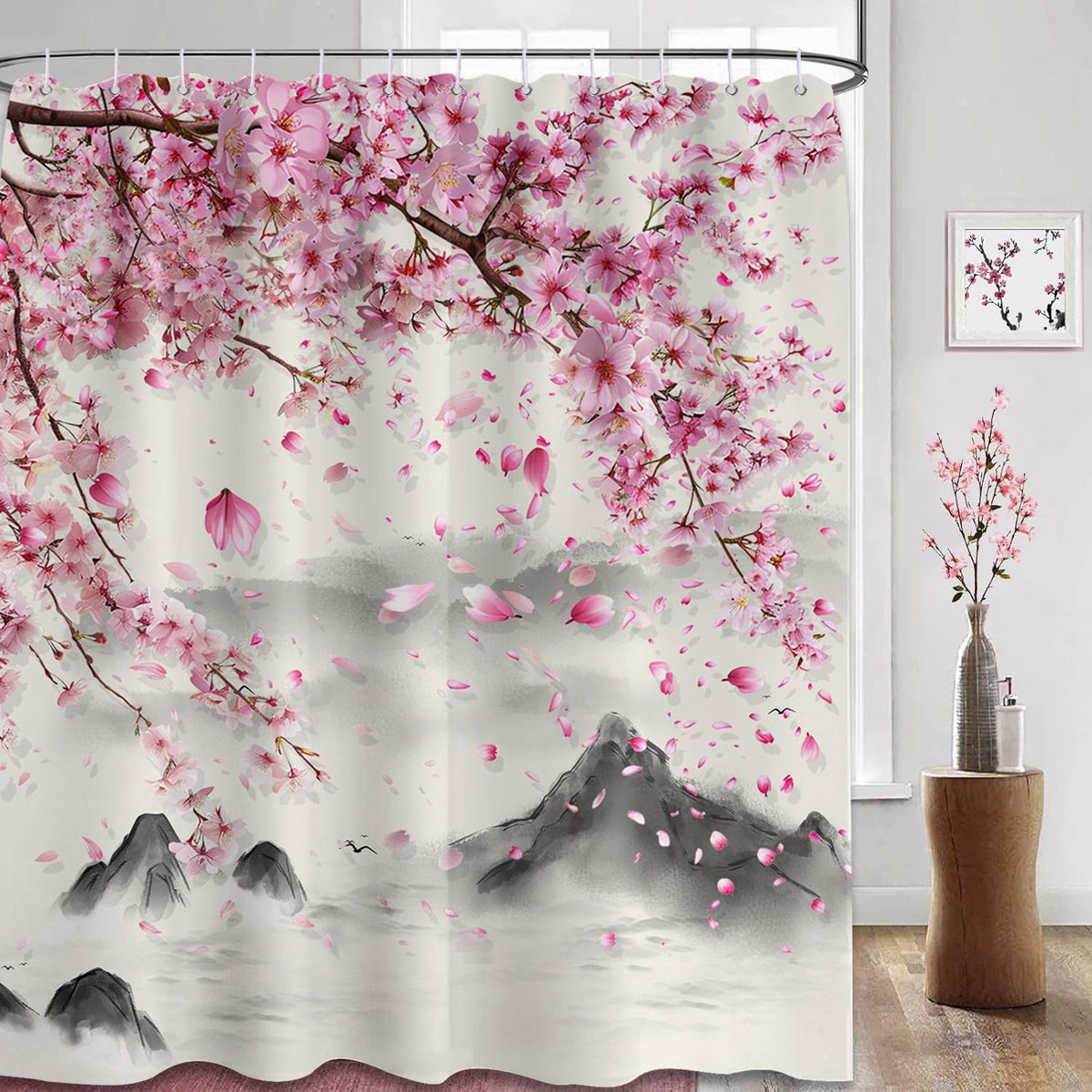 Cherry Blossom Shower Curtain 70.8" Spring Japanese Anime Pink and Grey Waterproof Curtains