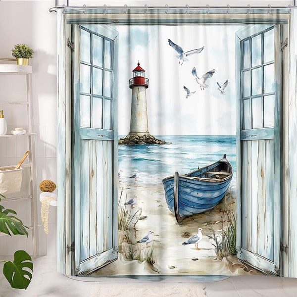 Coastal Beach Shower Curtain 70.8", Nautical Lighthouse Sailboat Ocean Seaside Seascape Shower Curtain