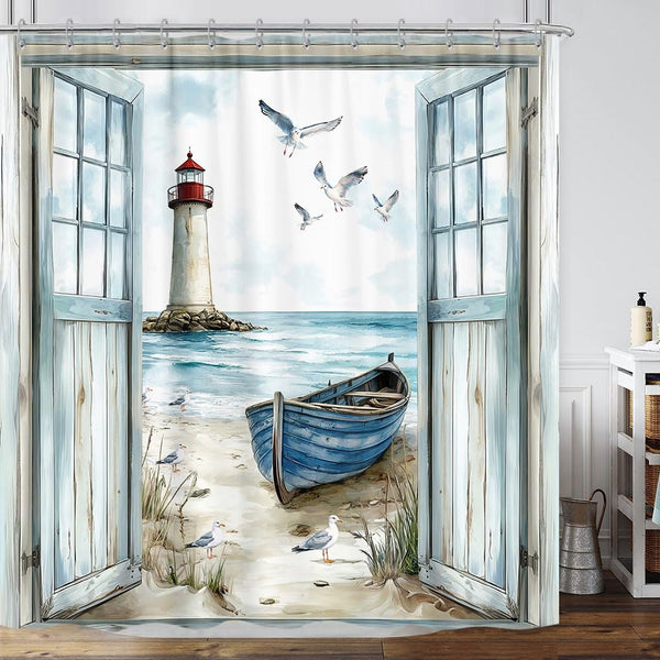 Coastal Beach Shower Curtain 70.8", Nautical Lighthouse Sailboat Ocean Seaside Seascape Shower Curtain