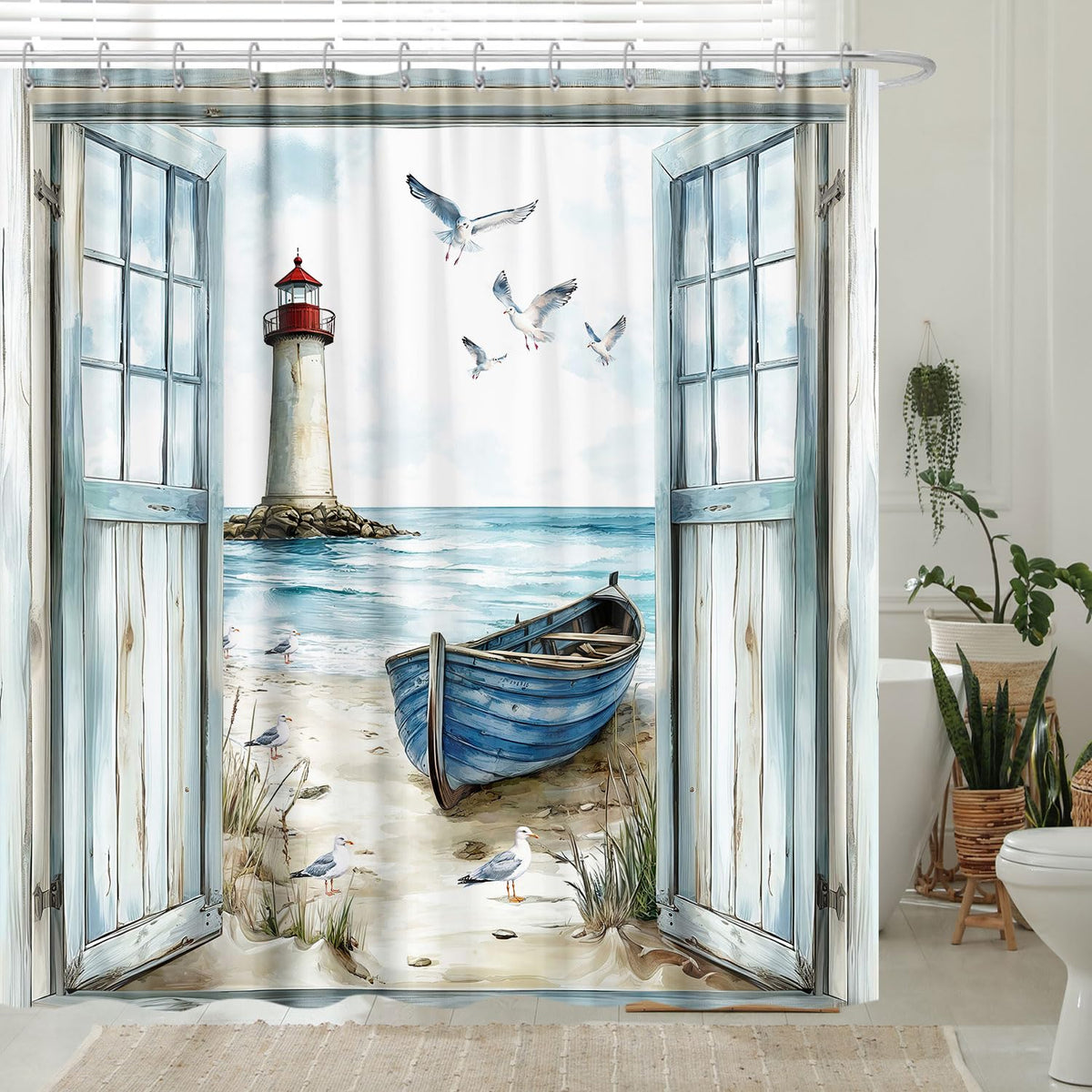 Coastal Beach Shower Curtain 70.8", Nautical Lighthouse Sailboat Ocean Seaside Seascape Shower Curtain