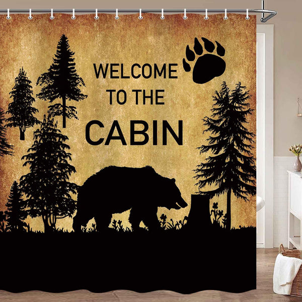 70.8"Country Style Bear Shower Curtain, Wild Animal Forest Decor Rustic Cabin Waterproof Shower Curtains