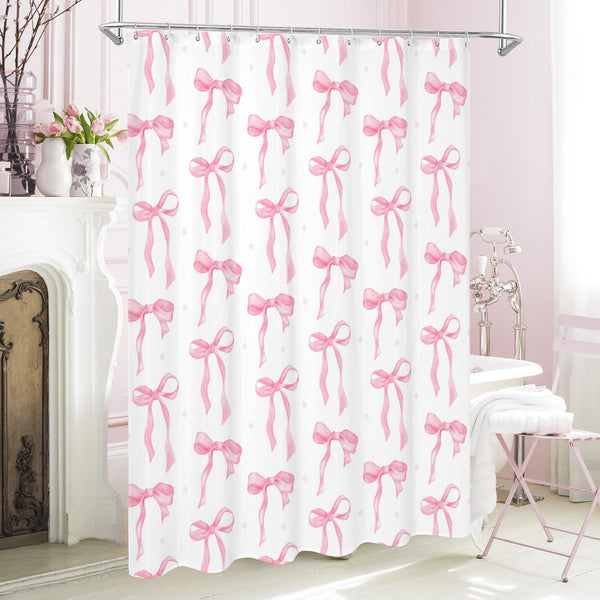 Cute Bow Shower Curtain, Pink Aesthetic Bowknot Minimalist White Waterproof Polyester,70.8 Inch