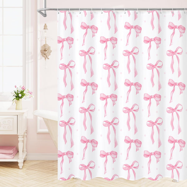 Cute Bow Shower Curtain, Pink Aesthetic Bowknot Minimalist White Waterproof Polyester,70.8 Inch