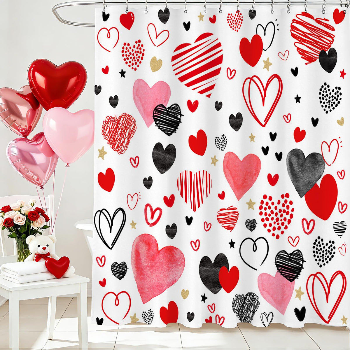 70.8"Cute Valentine's Day Shower Curtain Set Funny Abstract Modern Red and Black Hearts Shower Curtain
