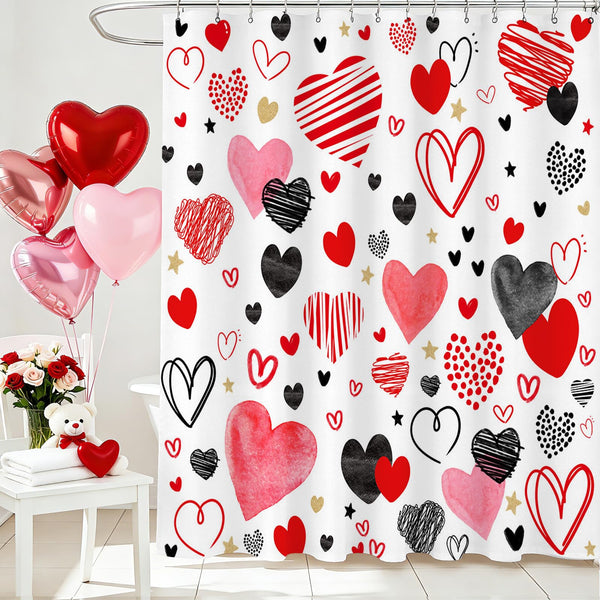 70.8"Cute Valentine's Day Shower Curtain Set Funny Abstract Modern Red and Black Hearts Shower Curtain
