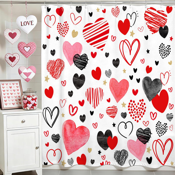70.8"Cute Valentine's Day Shower Curtain Set Funny Abstract Modern Red and Black Hearts Shower Curtain