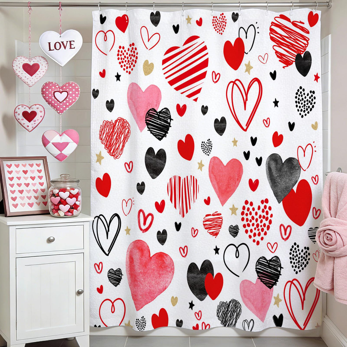 70.8"Cute Valentine's Day Shower Curtain Set Funny Abstract Modern Red and Black Hearts Shower Curtain
