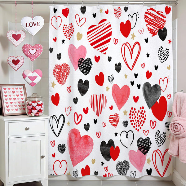 70.8"Cute Valentine's Day Shower Curtain Set Funny Abstract Modern Red and Black Hearts Shower Curtain