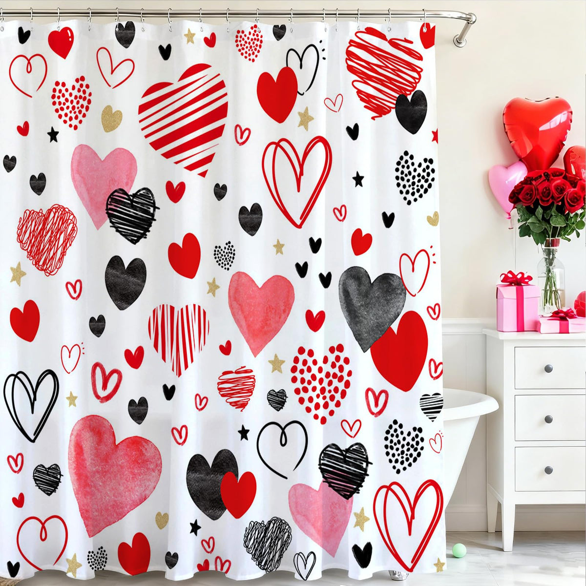 70.8"Cute Valentine's Day Shower Curtain Set Funny Abstract Modern Red and Black Hearts Shower Curtain