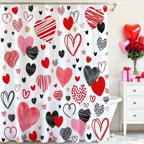 70.8"Cute Valentine's Day Shower Curtain Set Funny Abstract Modern Red and Black Hearts Shower Curtain