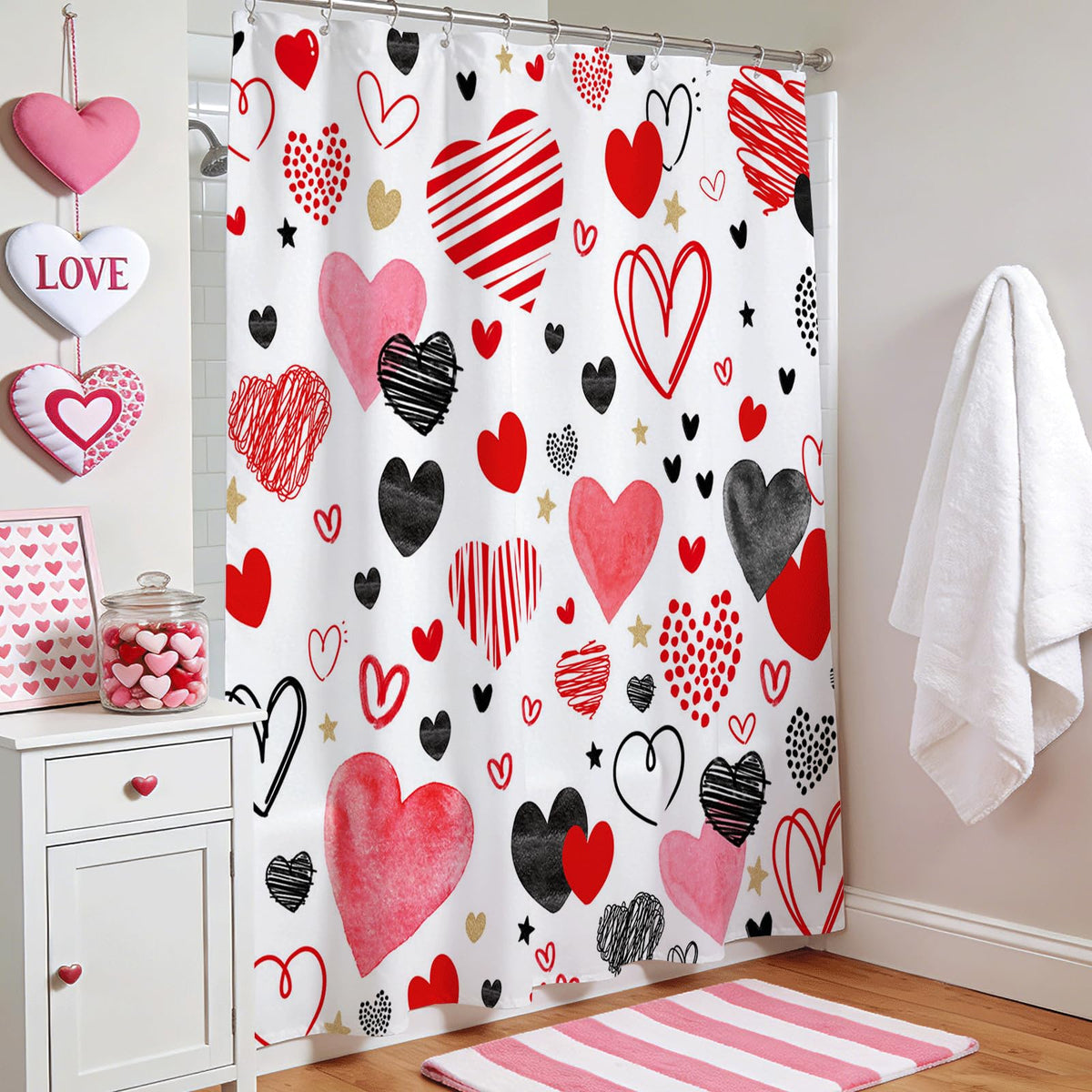 70.8"Cute Valentine's Day Shower Curtain Set Funny Abstract Modern Red and Black Hearts Shower Curtain