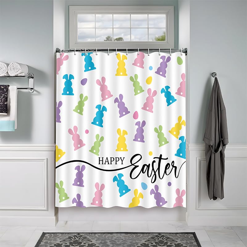 70.8" Easter Bunny Shower Curtain for Bathroom Spring Decorations Set with Hooks, Waterproof Polyester