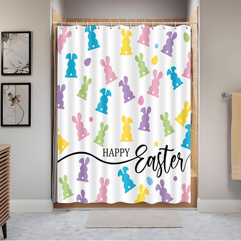 70.8" Easter Bunny Shower Curtain for Bathroom Spring Decorations Set with Hooks, Waterproof Polyester