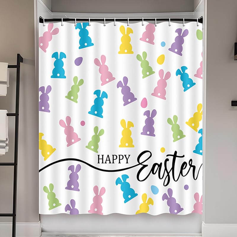 70.8" Easter Bunny Shower Curtain for Bathroom Spring Decorations Set with Hooks, Waterproof Polyester
