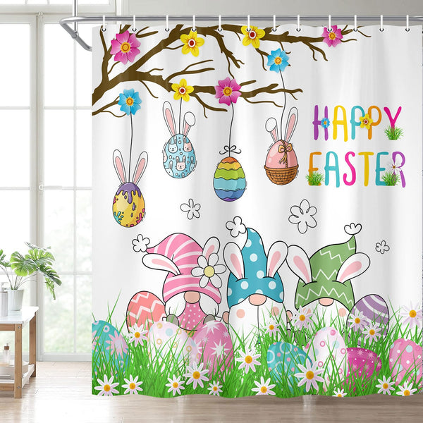 70.8" Easter Gnome Shower Curtain Happy Easter Cute Gnome Bathroom Decor Set, Cloth Fabric Bathroom Decor