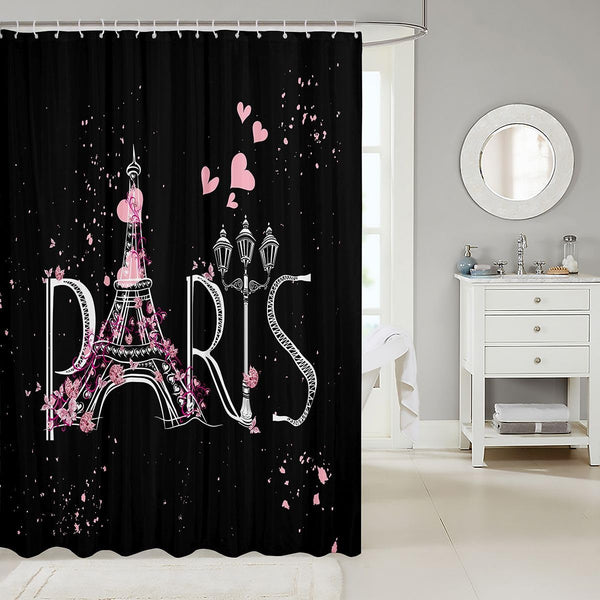 Eiffel Tower Bath Curtain Black Pink Chic Paris Shower Curtain Modern French Romantic Theme 70.8"