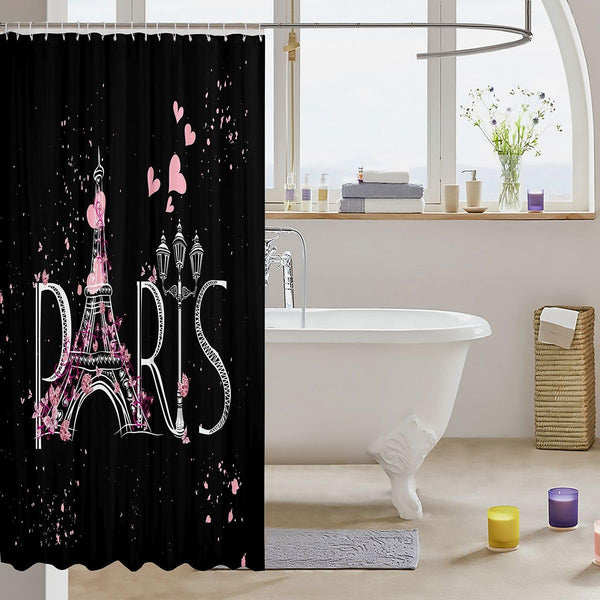 Eiffel Tower Bath Curtain Black Pink Chic Paris Shower Curtain Modern French Romantic Theme 70.8"