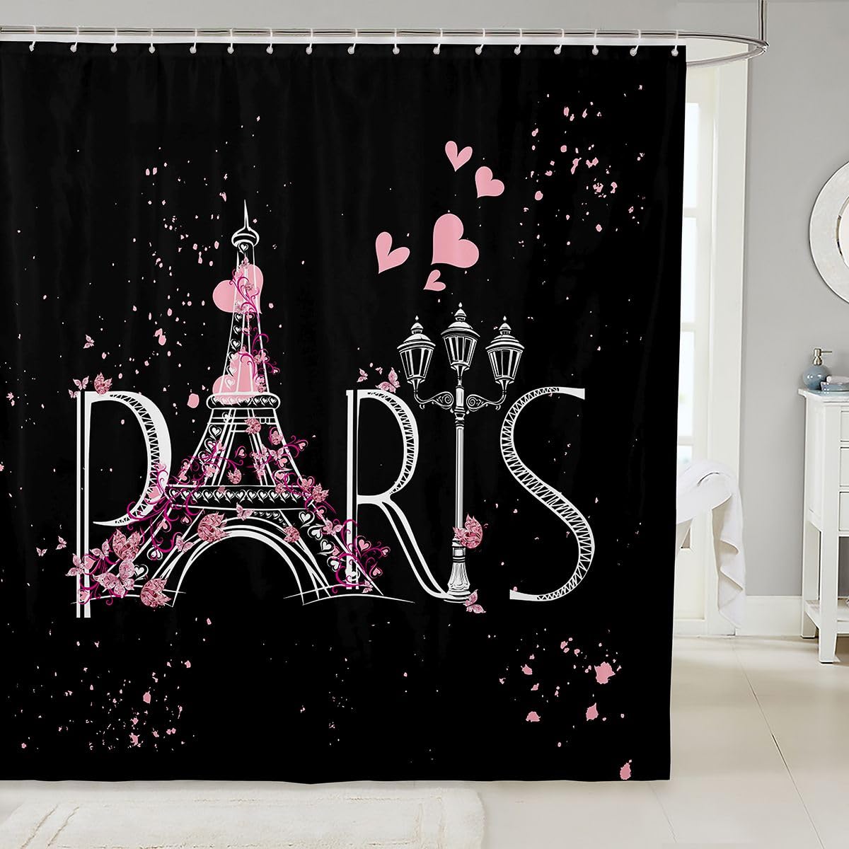 Eiffel Tower Bath Curtain Black Pink Chic Paris Shower Curtain Modern French Romantic Theme 70.8"