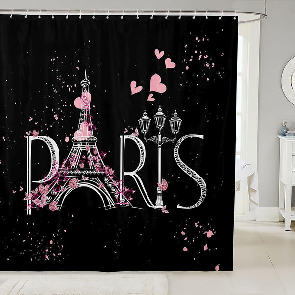 Eiffel Tower Bath Curtain Black Pink Chic Paris Shower Curtain Modern French Romantic Theme 70.8"