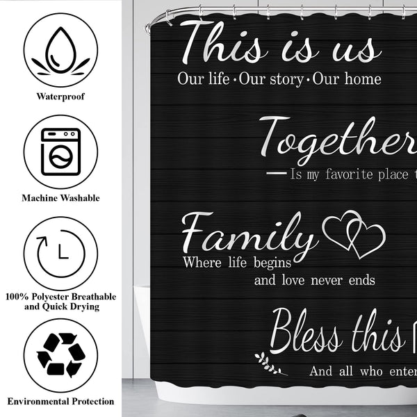 Family Shower Curtain, 70.8" Black Waterproof Polyester Shower Curtains(This is us Together Family Bless this)
